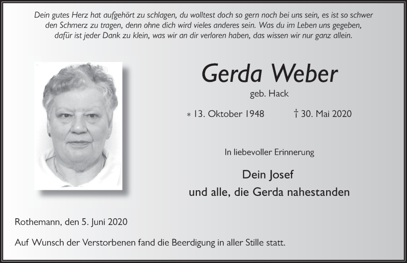  Traueranzeige für Gerda Weber vom 05.06.2020 aus FZ