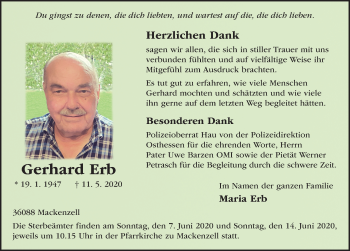 Traueranzeige von Gerhard Erb von FZ