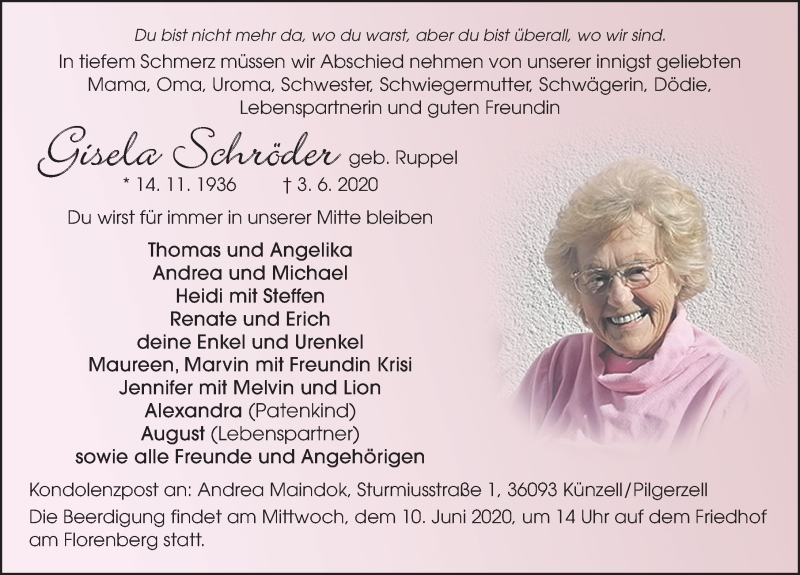  Traueranzeige für Gisela Schröder vom 06.06.2020 aus FZ