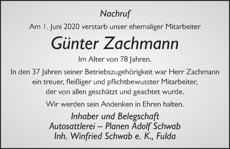  Traueranzeige für Günter Zachmann vom 12.06.2020 aus FZ