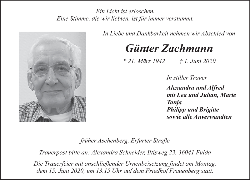  Traueranzeige für Günter Zachmann vom 12.06.2020 aus FZ
