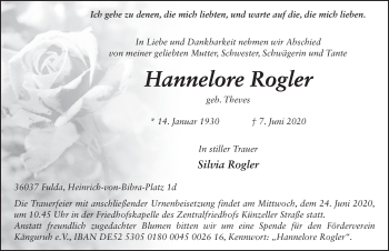 Traueranzeige von Hannelore Rogler von FZ