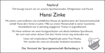 Traueranzeige von Hansi Zinke von FZ