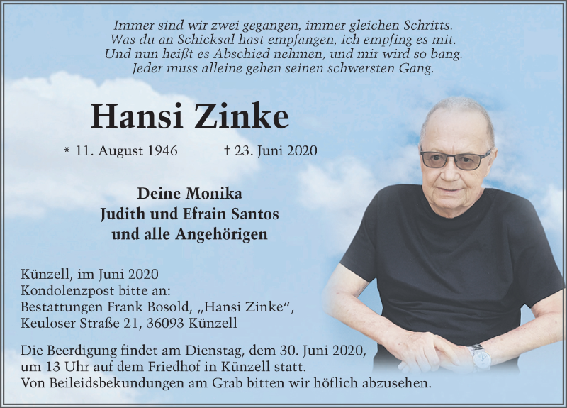  Traueranzeige für Hansi Zinke vom 26.06.2020 aus FZ