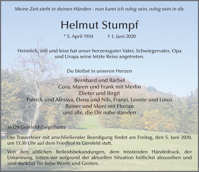 Traueranzeige für Helmut Stumpf vom 04.06.2020 aus FZ