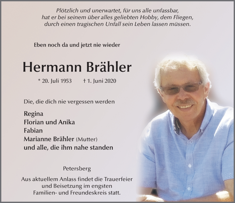  Traueranzeige für Hermann Brähler vom 06.06.2020 aus FZ