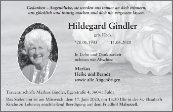 Traueranzeige von Hildegard Gindler von FZ
