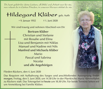 Traueranzeige von Hildegard Klüber von FZ