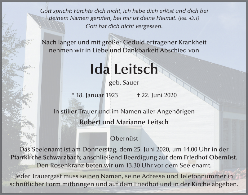  Traueranzeige für Ida Leitsch vom 24.06.2020 aus FZ
