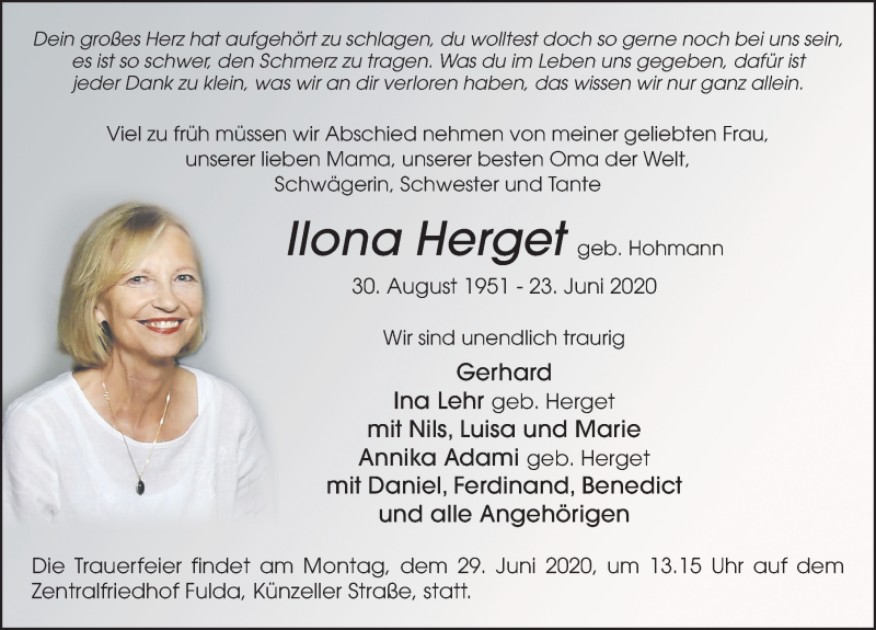  Traueranzeige für Ilona Herget vom 26.06.2020 aus FZ