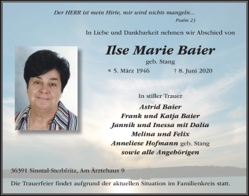 Traueranzeige von Ilse Marie Baier von FZ
