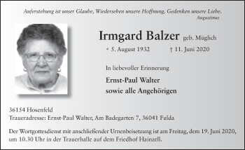 Traueranzeige von Irmgard Balzer von FZ