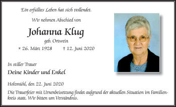 Traueranzeige von Johanna Klug von FZ