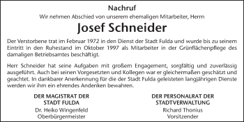 Traueranzeige von Josef Schneider von FZ