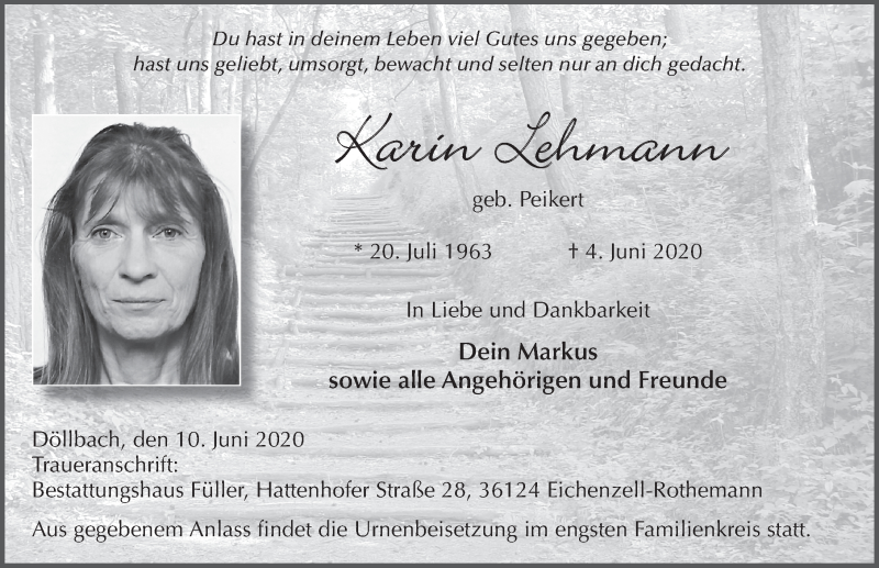  Traueranzeige für Karin Lehmann vom 10.06.2020 aus FZ