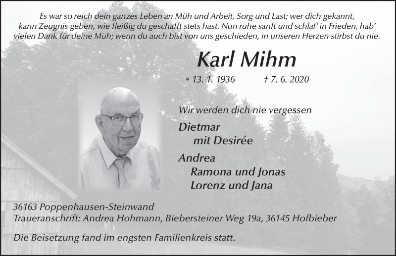  Traueranzeige für Karl Mihm vom 13.06.2020 aus FZ
