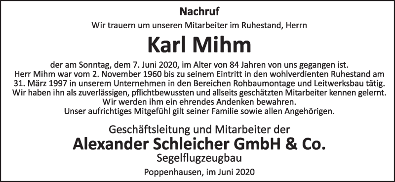 Traueranzeige für Karl Mihm vom 16.06.2020 aus FZ