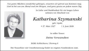 Traueranzeige von Katharina Szymanski von FZ