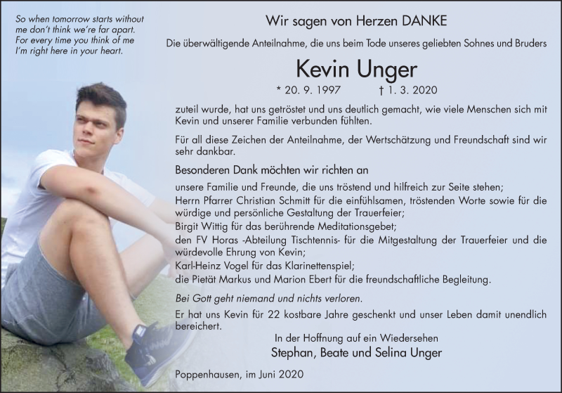  Traueranzeige für Kevin Unger vom 20.06.2020 aus FZ