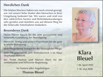 Traueranzeige von Klara Bleuel von FZ