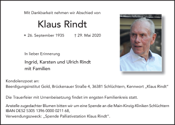 Traueranzeige von Klaus Rindt von FZ