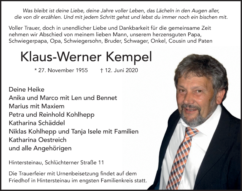  Traueranzeige für Klaus-Werner Kempel vom 17.06.2020 aus FZ
