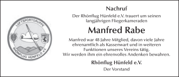 Traueranzeige von Manfred Rabe von FZ