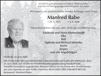Traueranzeige von Manfred Rabe von FZ