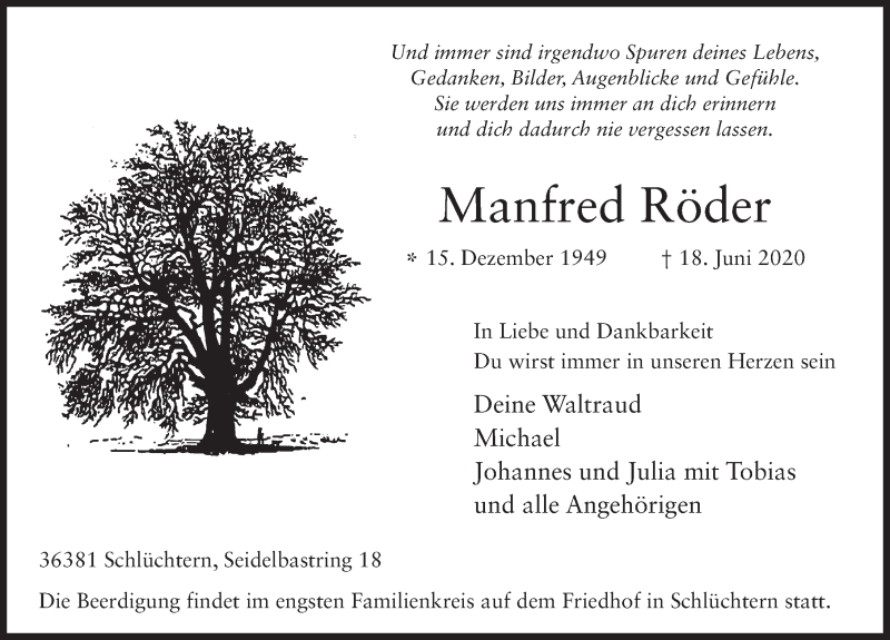  Traueranzeige für Manfred Röder vom 20.06.2020 aus FZ