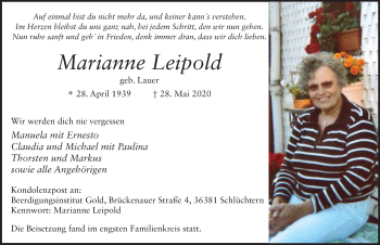 Traueranzeige von Marianne Leipold von FZ