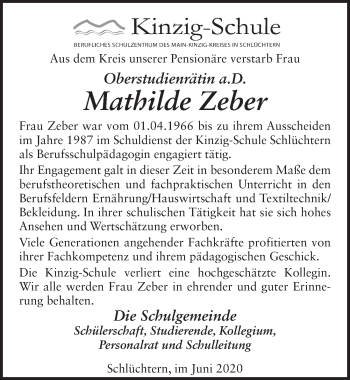 Traueranzeige von Mathilde Zeber von FZ