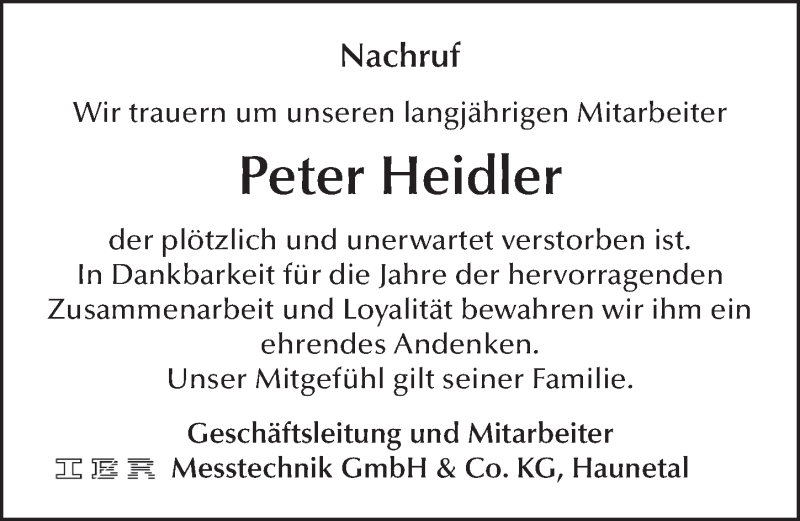  Traueranzeige für Peter Heidler vom 06.06.2020 aus FZ