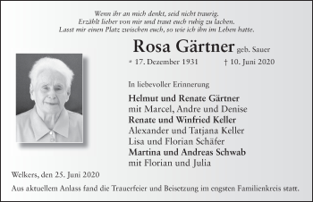 Traueranzeige von Rosa Gärtner von FZ