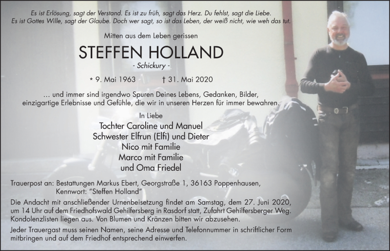  Traueranzeige für Steffen Holland vom 20.06.2020 aus FZ