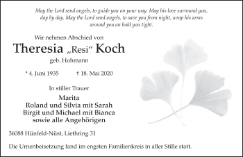 Traueranzeige von Theresia Koch von FZ