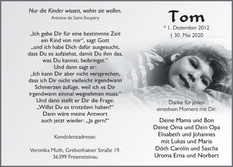  Traueranzeige für Tom Muth vom 03.06.2020 aus FZ