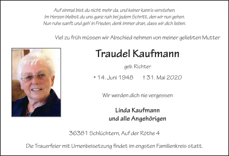  Traueranzeige für Traudel Kaufmann vom 06.06.2020 aus FZ