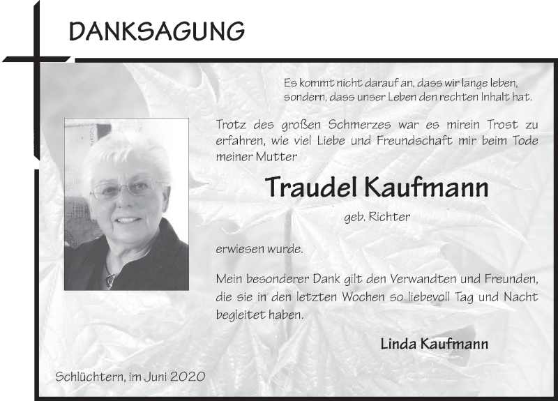  Traueranzeige für Traudel Kaufmann vom 20.06.2020 aus FZ
