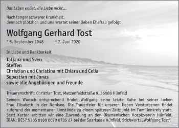 Traueranzeige von Wolfgang Gerhard Tost von FZ