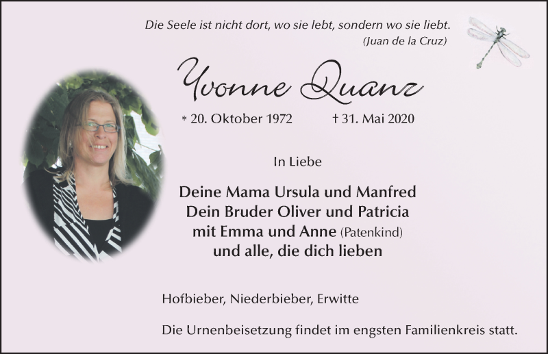  Traueranzeige für Yvonne Quanz vom 05.06.2020 aus FZ