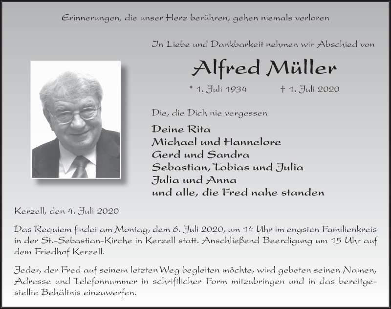  Traueranzeige für Alfred Müller vom 04.07.2020 aus FZ