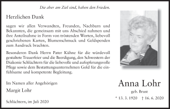 Traueranzeige von Anna Lohr von FZ