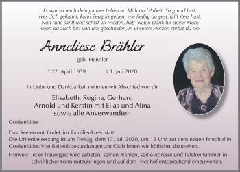 Traueranzeige von Anneliese Brähler von FZ