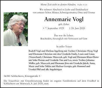 Traueranzeige von Annemarie Vogl von FZ