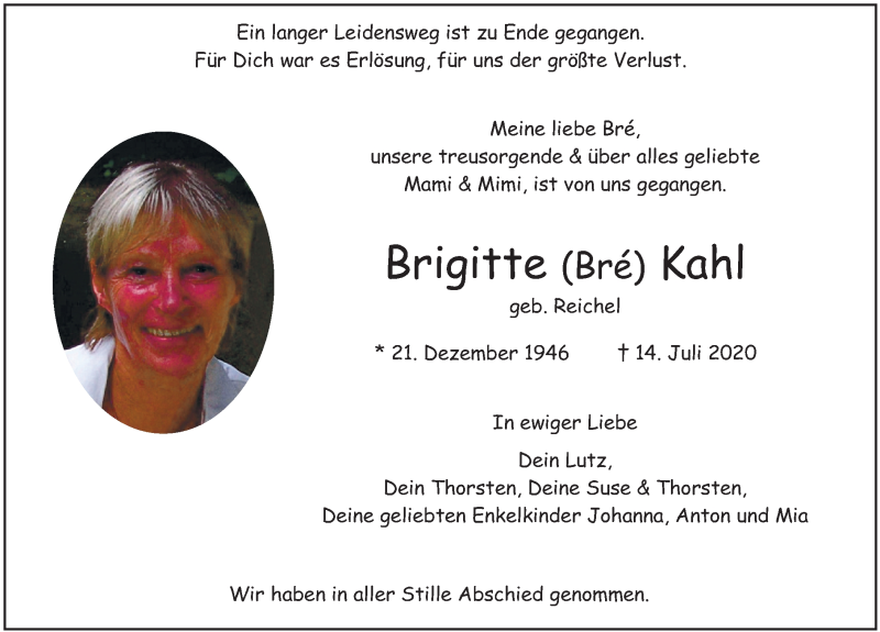  Traueranzeige für Brigitte Kahl vom 29.07.2020 aus FZ