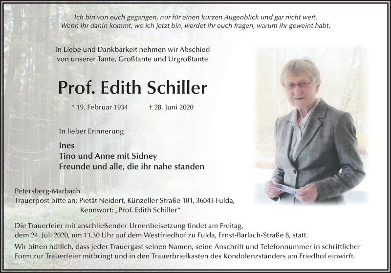  Traueranzeige für Edith Schiller vom 11.07.2020 aus FZ