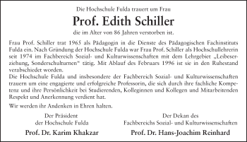 Traueranzeige von Edith Schiller von FZ