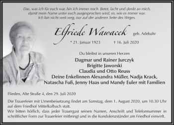 Traueranzeige von Elfriede Wawacek von FZ