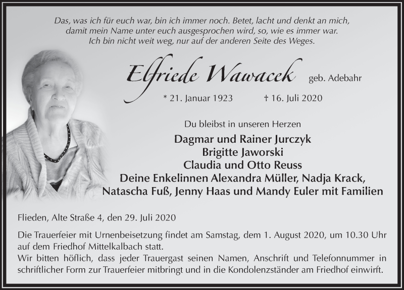  Traueranzeige für Elfriede Wawacek vom 29.07.2020 aus FZ