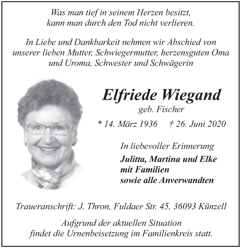  Traueranzeige für Elfriede Wiegand vom 03.07.2020 aus FZ